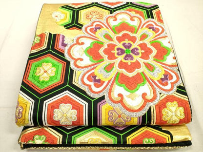 平和屋着物◎六通柄袋帯　唐織　亀甲正倉院花文　黒地　金銀糸　正絹　逸品　DABB8320xg