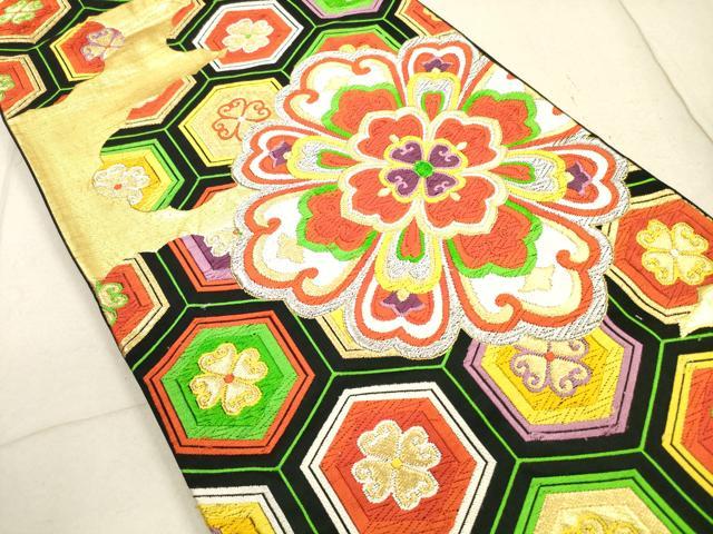 平和屋着物◎六通柄袋帯　唐織　亀甲正倉院花文　黒地　金銀糸　正絹　逸品　DABB8320xg