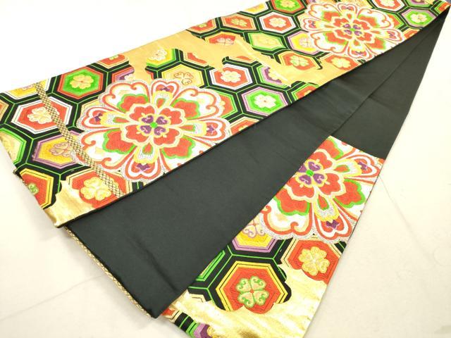 平和屋着物◎六通柄袋帯　唐織　亀甲正倉院花文　黒地　金銀糸　正絹　逸品　DABB8320xg