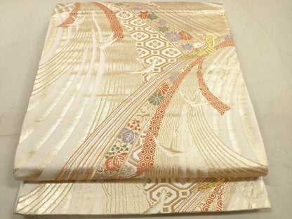 平和屋着物◎六通柄袋帯　唐織　吉祥束ね熨斗飛鶴文　金糸　正絹　逸品　DABB8359xg