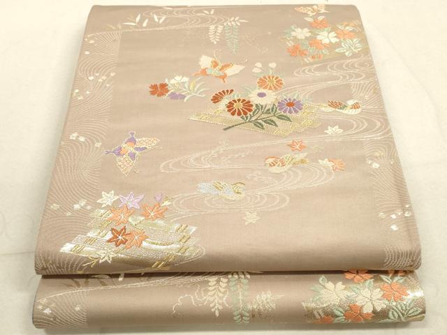 平和屋着物◎西陣　六通柄袋帯　唐織　流水花鳥舞蝶文　甦姿或　金糸　正絹　逸品　DABB8372xg