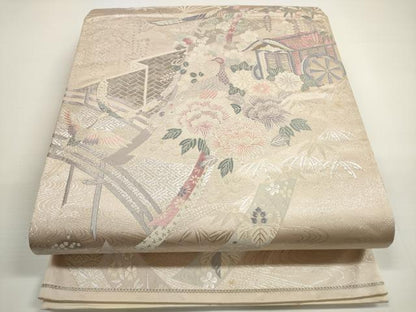 平和屋着物◎六通柄袋帯 唐織 渡橋御所車花鳥文 プラチナ箔九百錦 正絹 逸品 DABB8396xg