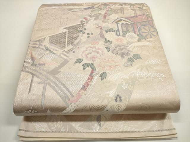 平和屋着物◎六通柄袋帯 唐織 渡橋御所車花鳥文 プラチナ箔九百錦 正絹 逸品 DABB8396xg