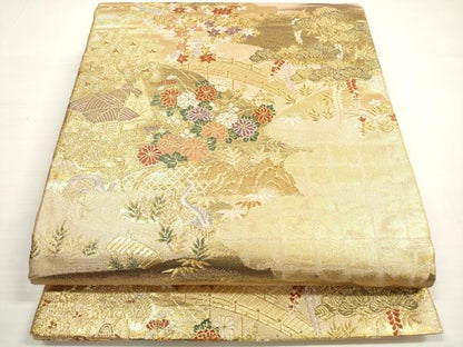 平和屋着物◎六通柄袋帯　唐織　渡橋風景花鳥文　松竹梅　金糸　正絹　逸品　DABB8458xg