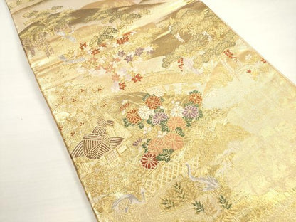 平和屋着物◎六通柄袋帯　唐織　渡橋風景花鳥文　松竹梅　金糸　正絹　逸品　DABB8458xg