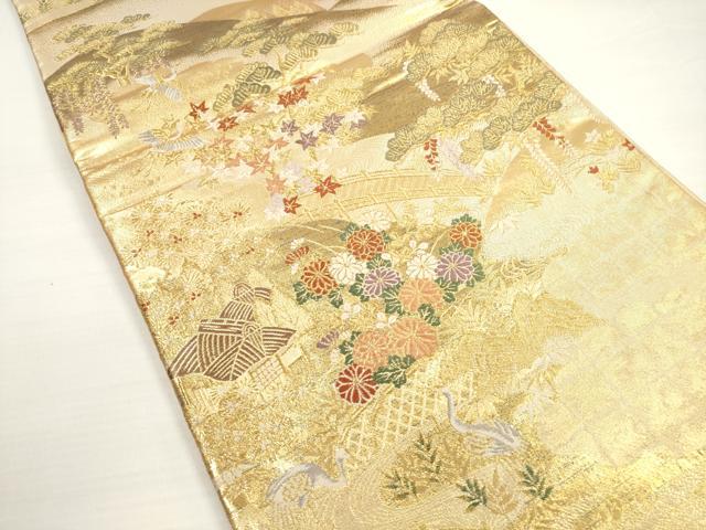 平和屋着物◎六通柄袋帯　唐織　渡橋風景花鳥文　松竹梅　金糸　正絹　逸品　DABB8458xg