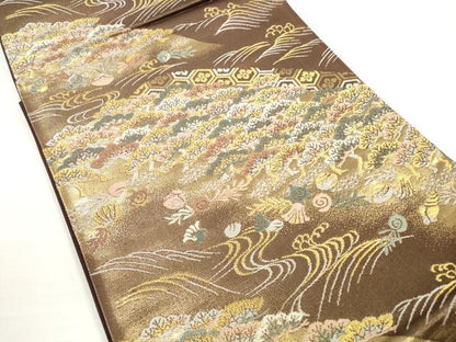 平和屋着物◎六通柄袋帯　唐織　立波松文　貝殻　金糸　正絹　逸品　DABB8485xg