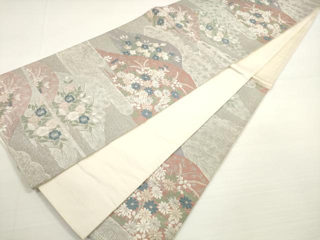 平和屋着物◎六通柄袋帯　唐織　九百錦　重ね山霞花文　プラチナ箔　正絹　逸品　DABB8491xg