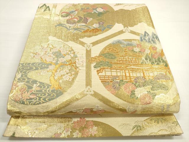 平和屋着物◎六通柄袋帯　亀甲鴛鴦風景花文　松竹梅　金糸　正絹　逸品　DABB8508xg