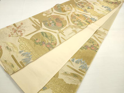 平和屋着物◎六通柄袋帯　亀甲鴛鴦風景花文　松竹梅　金糸　正絹　逸品　DABB8508xg