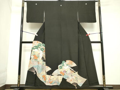 平和屋着物■豪華黒留袖　刺繍　扇面花鳥文　松竹梅　金銀彩　正絹　逸品　DABB8612cd
