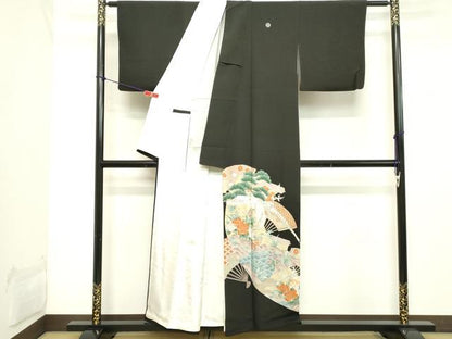 平和屋着物■豪華黒留袖　刺繍　扇面花鳥文　松竹梅　金銀彩　正絹　逸品　DABB8612cd