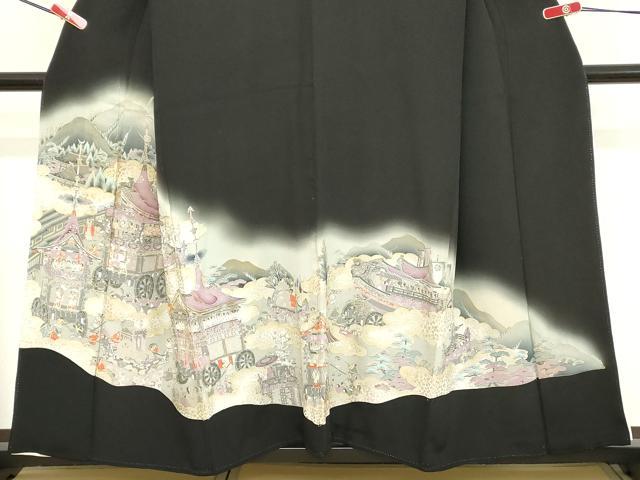 平和屋着物■豪華黒留袖 駒刺繍 人物風景文 祇園祭 暈し染め 金銀彩 正絹 逸品 DABB8621cd