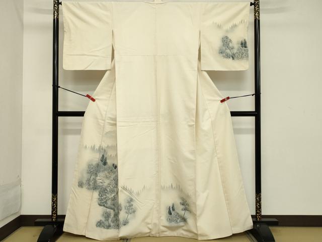 平和屋着物■訪問着　紬地　手描き　風景文　暈し染め　正絹　逸品　DABB8672cd