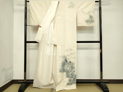 平和屋着物■訪問着　紬地　手描き　風景文　暈し染め　正絹　逸品　DABB8672cd