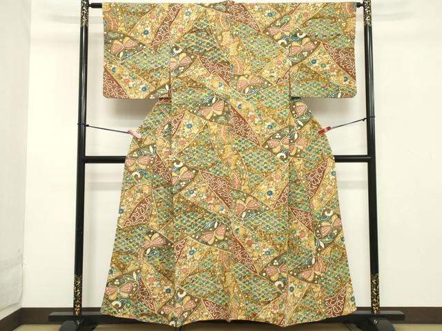 平和屋着物■上質な小紋 切嵌花蝶文 反端付き 正絹 逸品 DABB8953cd