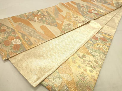 平和屋着物◎佐賀錦　六通柄袋帯　九百錦　花車文　金糸　正絹　逸品　DABB9082ya