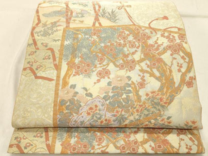平和屋着物◎山喜織物謹製　萬葉　紹巴　全通柄袋帯　枝梅文　正絹　逸品　DABB9084ya