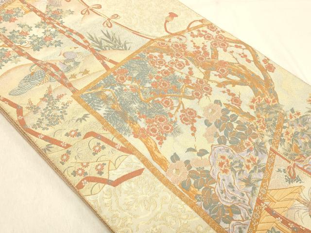 平和屋着物◎山喜織物謹製　萬葉　紹巴　全通柄袋帯　枝梅文　正絹　逸品　DABB9084ya