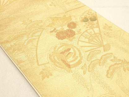 平和屋着物◎六通柄袋帯　扇面花鳥文　金糸　正絹　逸品　DABB9112ya