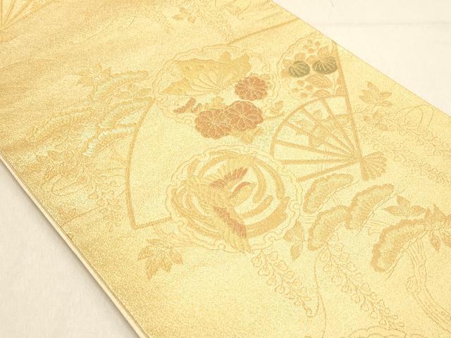 平和屋着物◎六通柄袋帯　扇面花鳥文　金糸　正絹　逸品　DABB9112ya