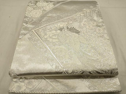 平和屋着物◎六通柄袋帯　孔雀花文　プラチナ銀箔二重織　正絹　逸品　DABB9147ya