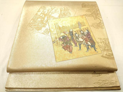 平和屋着物◎太鼓柄袋帯　人物風景文　金糸　正絹　逸品　DABB9208ya