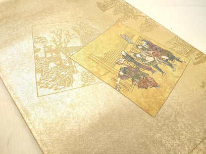 平和屋着物◎太鼓柄袋帯　人物風景文　金糸　正絹　逸品　DABB9208ya