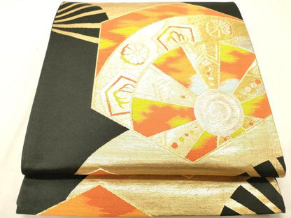 平和屋着物◎六通柄袋帯 片輪車文 黒地 金銀糸 正絹 逸品 DABB9212ya