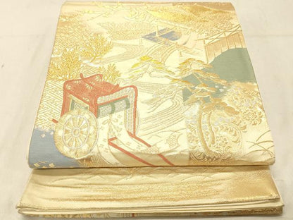 平和屋着物◎六通柄袋帯　御所車花文　金糸　正絹　逸品　DABB9214ya