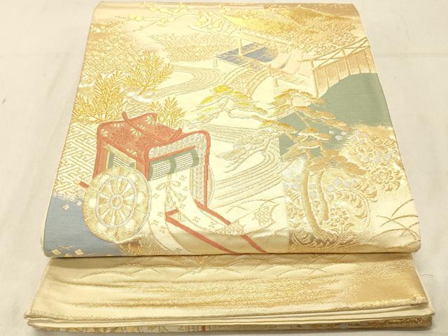 平和屋着物◎六通柄袋帯　御所車花文　金糸　正絹　逸品　DABB9214ya