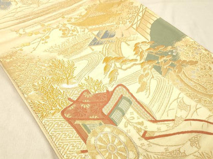 平和屋着物◎六通柄袋帯　御所車花文　金糸　正絹　逸品　DABB9214ya