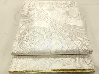 平和屋着物◎佐賀錦　両面　六通柄袋帯　流水花文　金銀糸　正絹　逸品　DABB9248ya