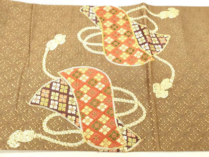 平和屋着物◎西陣　太鼓柄袋帯　総刺繍　駒刺繍　組紐花菱文　金糸　正絹　逸品　DABB9307ya