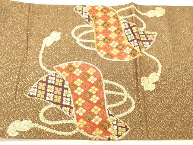 平和屋着物◎西陣　太鼓柄袋帯　総刺繍　駒刺繍　組紐花菱文　金糸　正絹　逸品　DABB9307ya