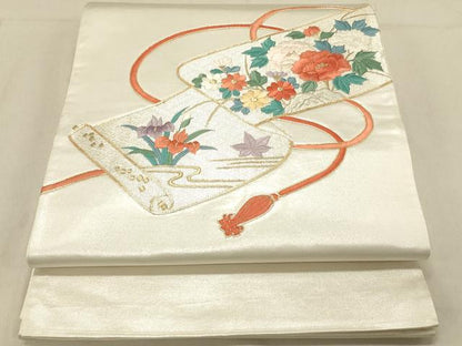 平和屋着物◎太鼓柄袋帯　総刺繍　駒刺繍　草花絵巻文　金銀糸　正絹　逸品　DABB9308ya