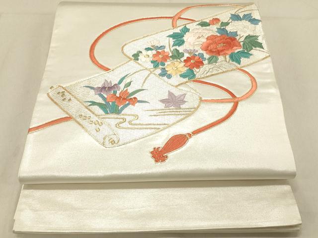 平和屋着物◎太鼓柄袋帯　総刺繍　駒刺繍　草花絵巻文　金銀糸　正絹　逸品　DABB9308ya