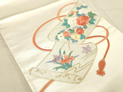 平和屋着物◎太鼓柄袋帯　総刺繍　駒刺繍　草花絵巻文　金銀糸　正絹　逸品　DABB9308ya