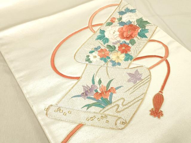 平和屋着物◎太鼓柄袋帯　総刺繍　駒刺繍　草花絵巻文　金銀糸　正絹　逸品　DABB9308ya