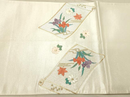 平和屋着物◎太鼓柄袋帯　総刺繍　駒刺繍　草花絵巻文　金銀糸　正絹　逸品　DABB9308ya