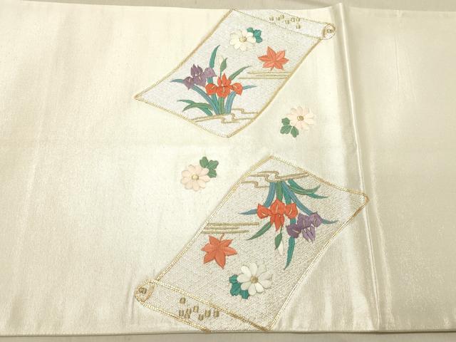平和屋着物◎太鼓柄袋帯　総刺繍　駒刺繍　草花絵巻文　金銀糸　正絹　逸品　DABB9308ya