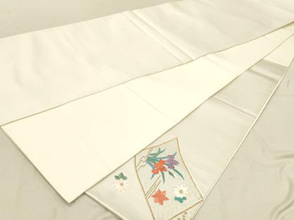 平和屋着物◎太鼓柄袋帯　総刺繍　駒刺繍　草花絵巻文　金銀糸　正絹　逸品　DABB9308ya