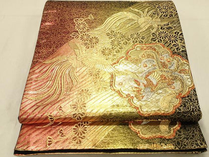 平和屋着物◎六通柄袋帯　鳳凰花文　黒地　金銀糸　正絹　逸品　DABB9309ya
