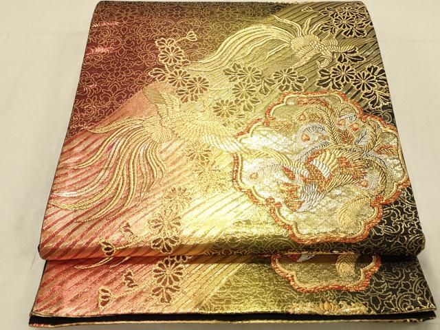 平和屋着物◎六通柄袋帯　鳳凰花文　黒地　金銀糸　正絹　逸品　DABB9309ya