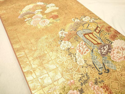 平和屋着物◎六通柄袋帯　唐織　御所車秀錦文　金銀糸　正絹　逸品　DABB9334ya