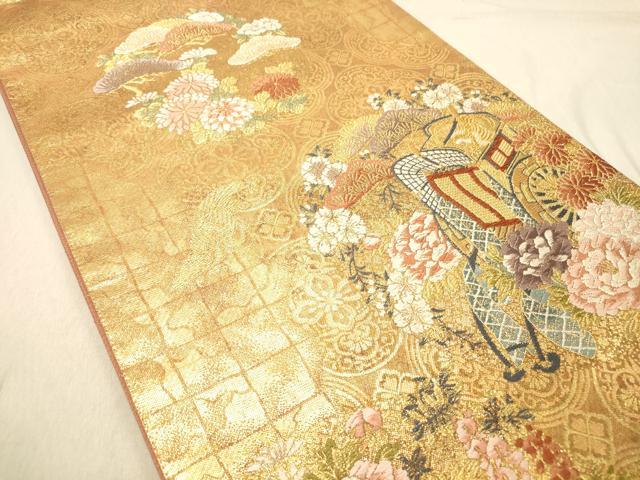 平和屋着物◎六通柄袋帯　唐織　御所車秀錦文　金銀糸　正絹　逸品　DABB9334ya