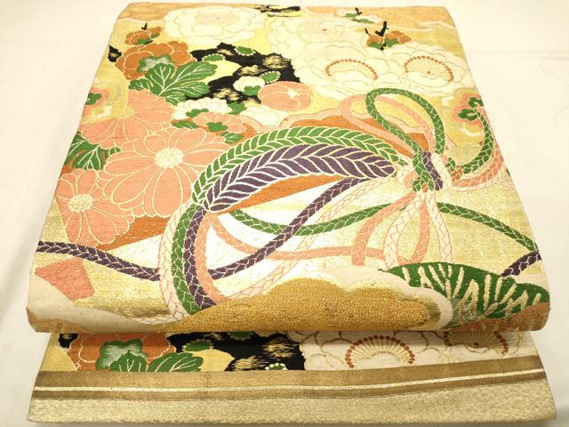 平和屋着物◎アンティーク 大正ロマン 丸帯 渡橋扇面花松文 金銀糸 正絹 逸品 DABB9360ya