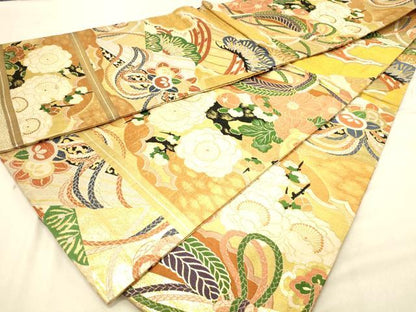 平和屋着物◎アンティーク 大正ロマン 丸帯 渡橋扇面花松文 金銀糸 正絹 逸品 DABB9360ya