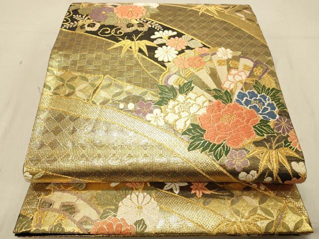 平和屋着物◎六通柄袋帯 唐織 扇面花文 金糸 正絹 逸品 DABB9375ya