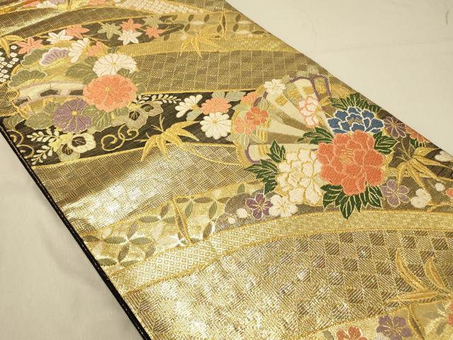 平和屋着物◎六通柄袋帯 唐織 扇面花文 金糸 正絹 逸品 DABB9375ya